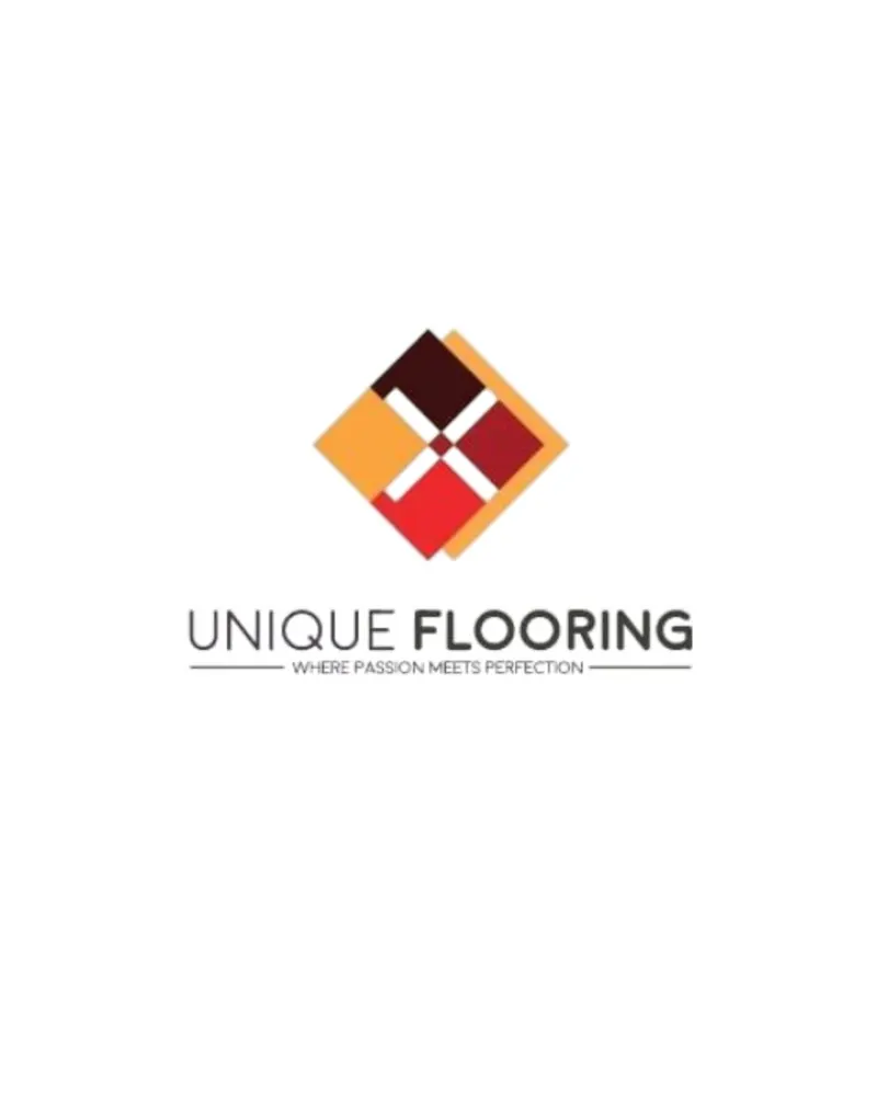 Unique Flooring logo: red, orange and brown tile diamond above the Unique Flooring name on white
